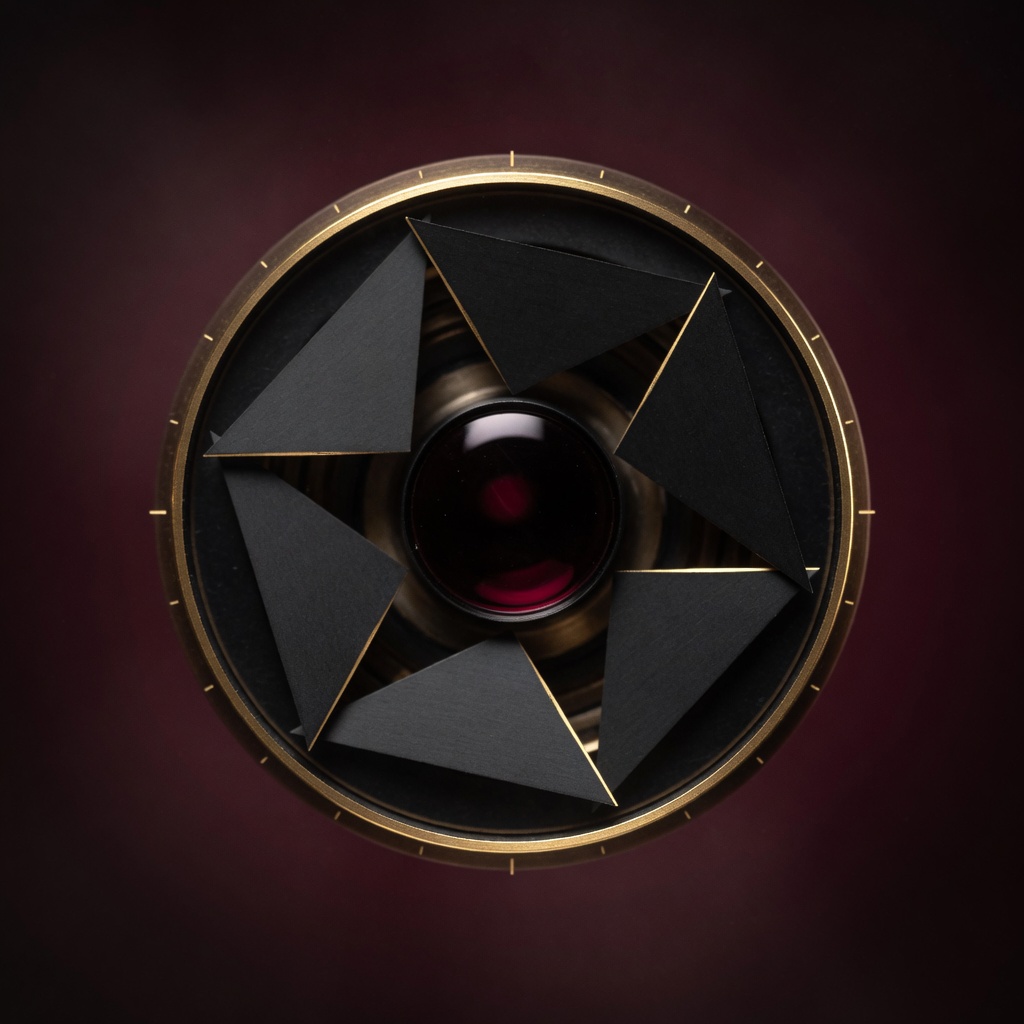 Studio photograph of a six-blade mechanical camera iris with gold-edged blades and a burgundy opening.