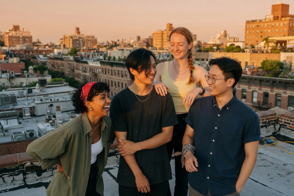 Four friends on a rooftop, all in the plane of focus.
