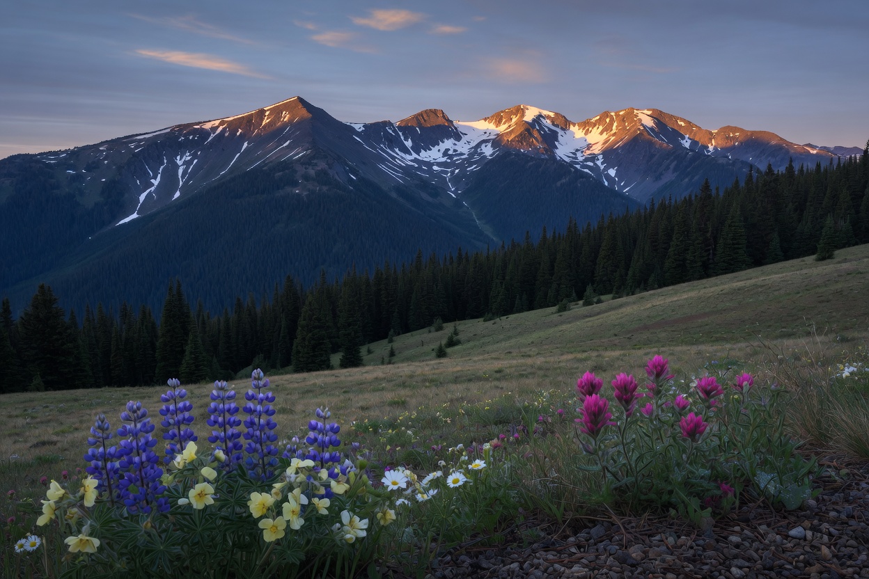 Mountain ridge with wildflowers sharp from foreground to peaks.