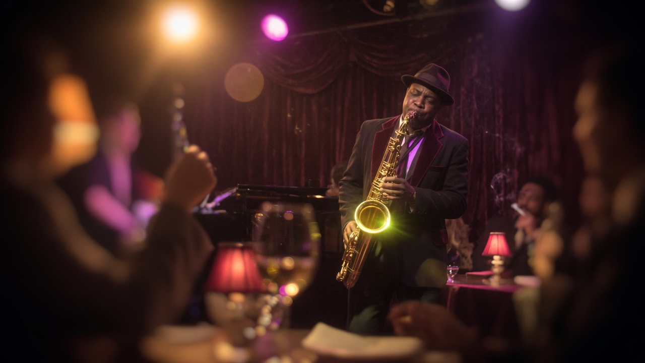 Jazz club saxophonist in low light, shot wide open.