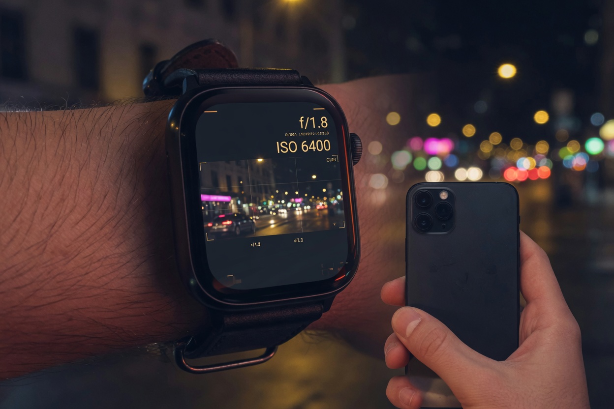 Photographer’s wrist at night with a watch showing a live camera viewfinder and a phone in the other hand.